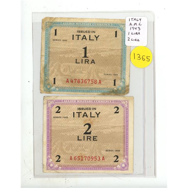 Italy. Allied Military Currency. Set of 2 notes: 1943 1 Lira; 1943 2 Lira. VG to VF.