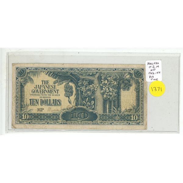Malaya. Japanese Invasion Money. ND 1942-1944 10 Dollars. Fine.