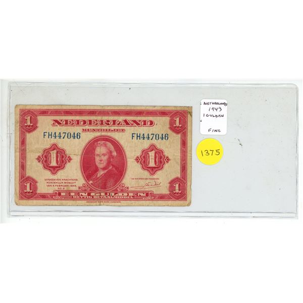 Netherlands. 1943 1 Gulden. Fine.