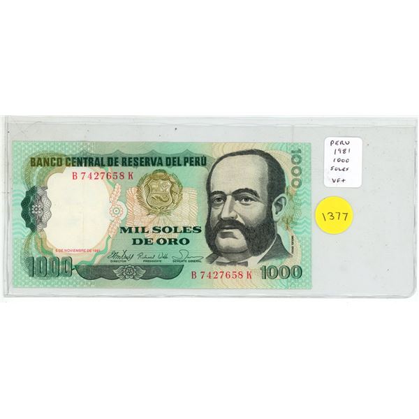 Peru. 1981 1000 Soles de Oro (Gold). High Denomination. VF+.