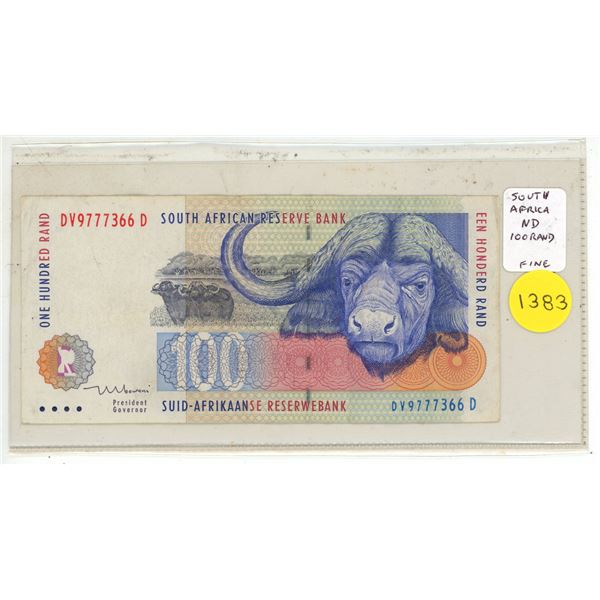 South Africa. South African Reserve Bank. ND 100 Rand. High Denomination. Cape Buffalo/Zebras. Fine.