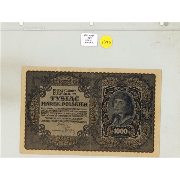 Poland. 1919 1000 Mark. Inflationary Money. Fine+.