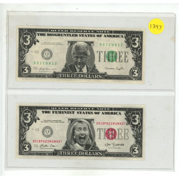 USA. Set of two $3 replica notes depicting President Clinton and Hillary Clinton. Unc.