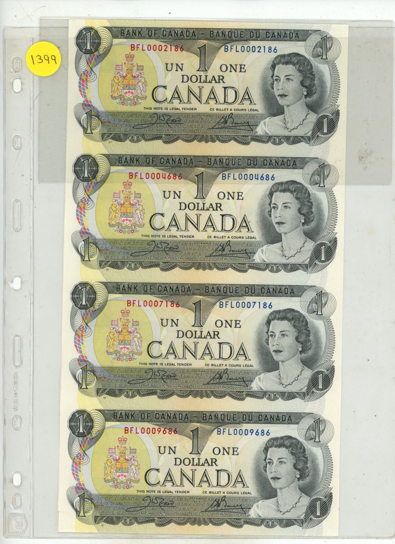Partial Uncut Sheet of 4 1973 Canadian $1 notes. Crow-Bouey signatures ...