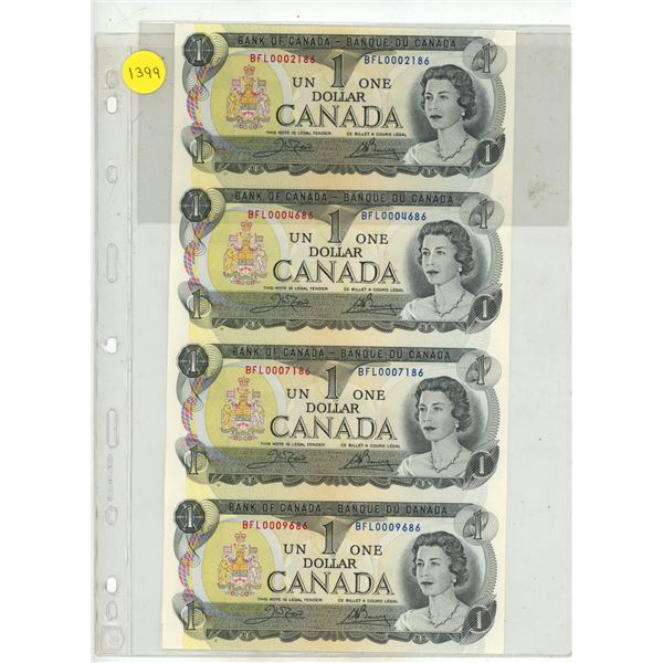 Partial Uncut Sheet of 4 1973 Canadian $1 notes. Crow-Bouey signatures. BFL Prefixes. Uncirculated.