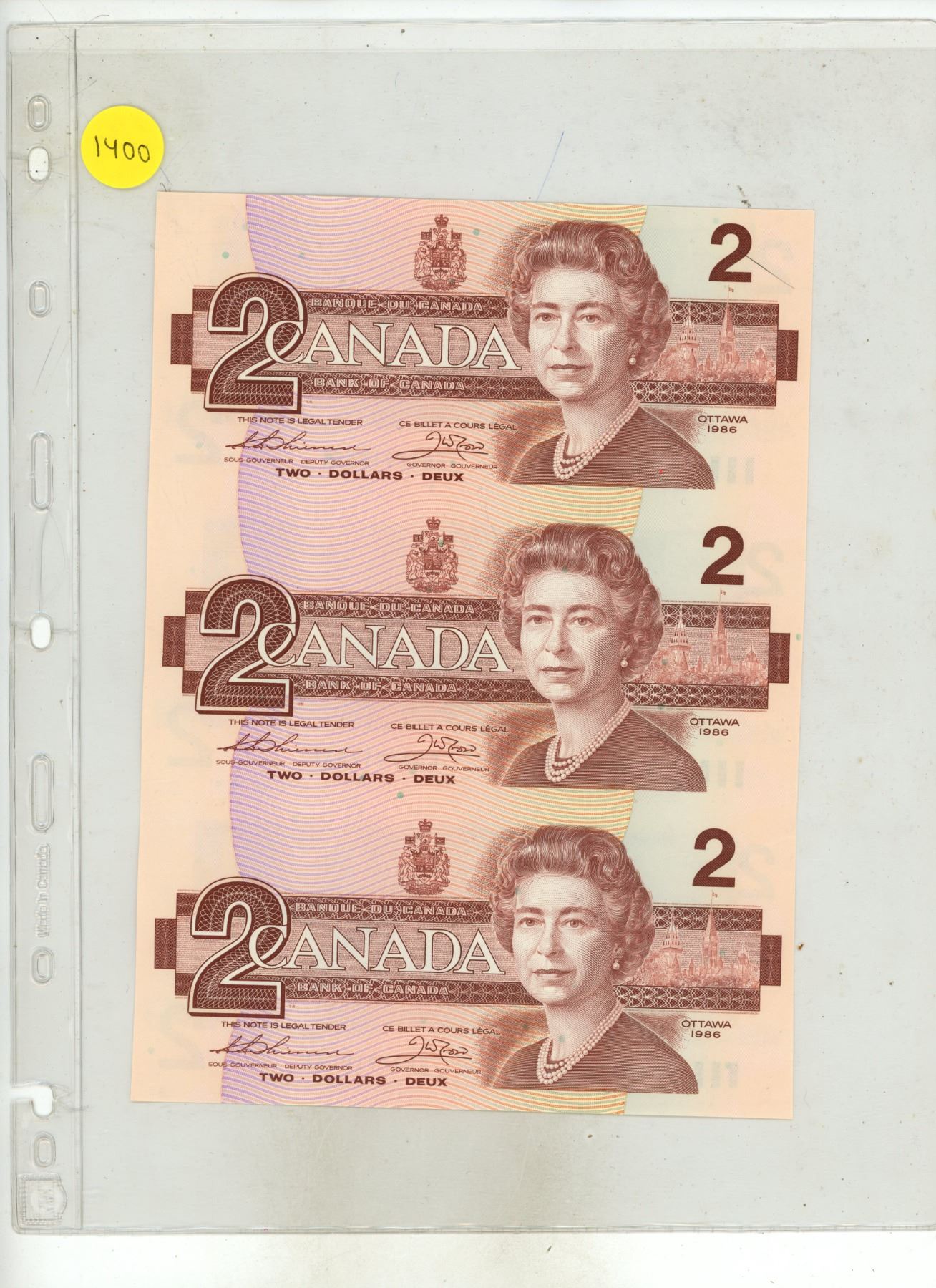 Partial Uncut Sheet of 3 1986 Canadian $2 notes. Thiessen-Crow ...