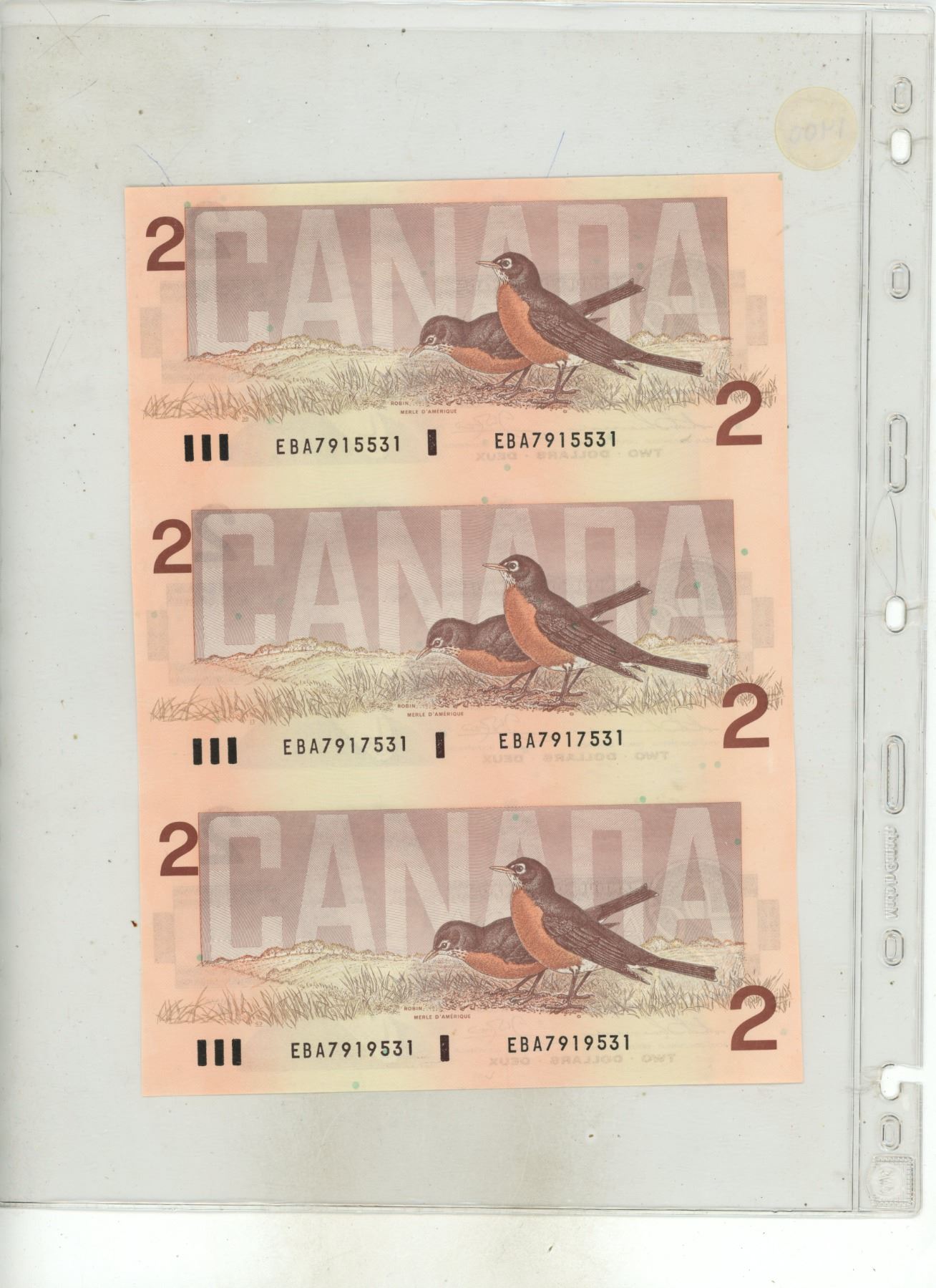 Partial Uncut Sheet of 3 1986 Canadian $2 notes. Thiessen-Crow ...