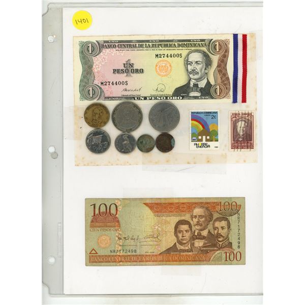 Dominican Republic. 7 coins, 2 stamps and 2 bank notes including 2006 100 Pesos Oro (Gold).