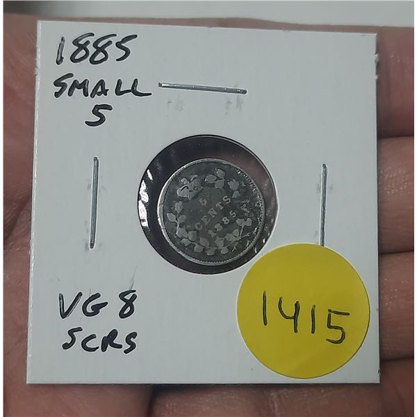 1885 Canadian Victorian Silver 5 Cents. Small 5 variety. VG8 with scratches.