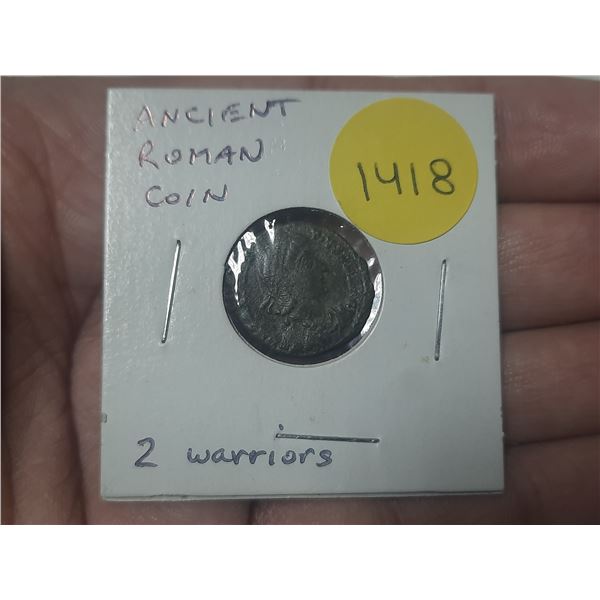 Unknown Ancient Roman Coin. Emperor facing right. 2 Soldiers reverse. Good.