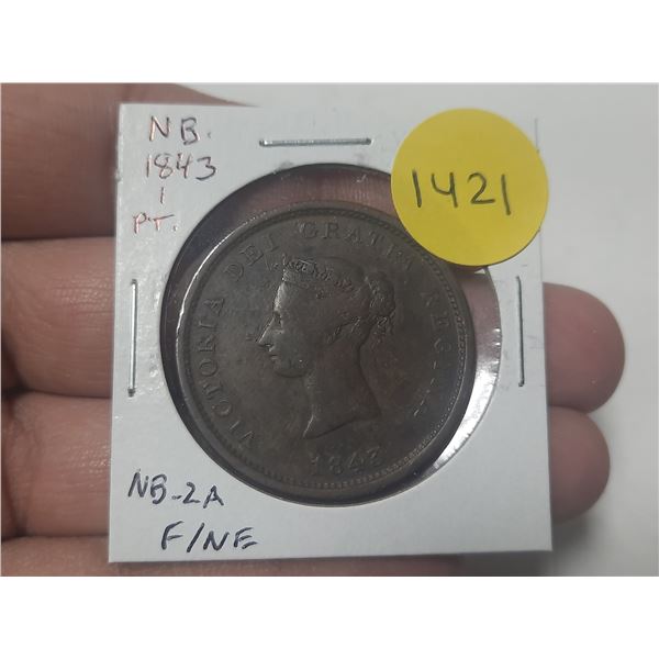 New Brunswick. 1843 1 Penny Token Pre-Confederation Token. NB-2. Fine.