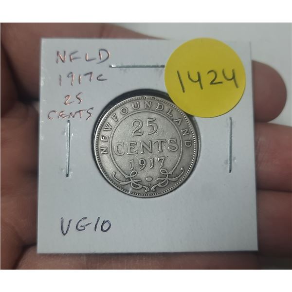 Newfoundland. 1917c 25 Cents. The first of 2 Silver 25 Cents issued. VG10.