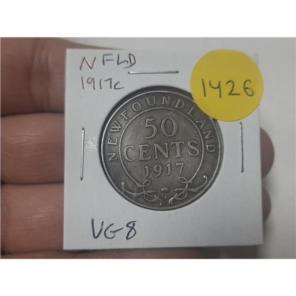 Newfoundland. 1917c Silver 50 Cents. Minted in Ottawa because of World War I. VG8.