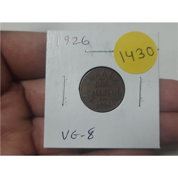 1926 Canadian Small Cent. Key Date. VG8.