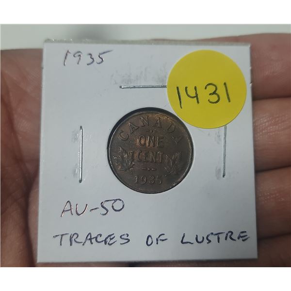 1935 Canadian Small Cent. AU50 with Traces of Lustre.