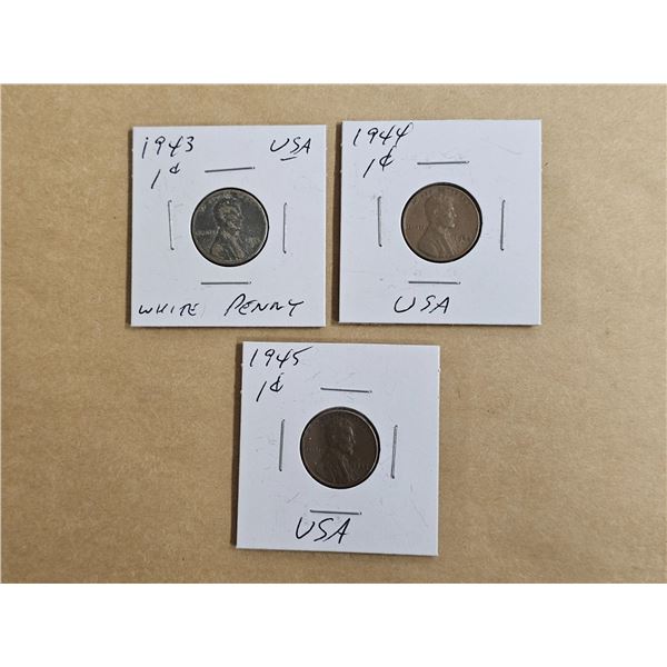 (3) Consecutive US Pennies, 1943 (White), 1944,1945