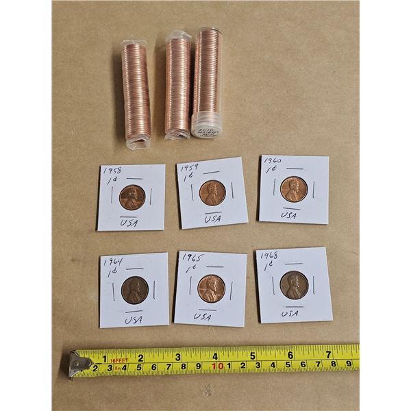 (6) US Pennies, (3) Rolls 2010 Canadian Pennies, (One roll marked “MS 66 non-magnetic[x=#82