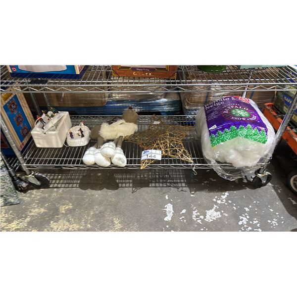 SHELF OF ASSORTED CHRISTMAS DECOR INCLUDING; FAKE SNOW, REINDEER FIGURE, TREE TOPPER & MORE