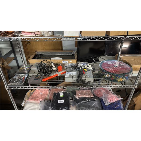 SHELF OF ASSORTED ITEMS INCLUDING; PLAYSTATION 2, SUPER PITFALL SNES GAME, DUCK HUNT GUN, CHRISTMAS