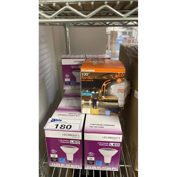 (12) LED BRIGHT'S CHOICE COB PAR30L DIMMABLE LED LIGHTS 2700K & (1) SYLVANIA 100W MOTION ACTIVATED