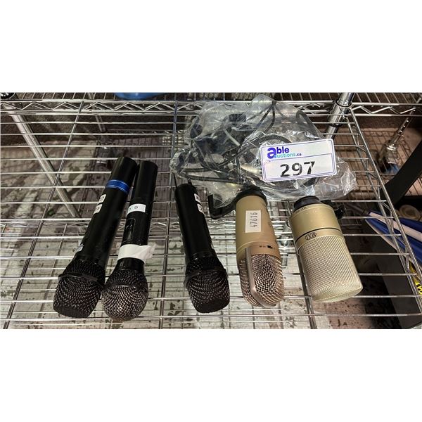 2 CONDENSER MICROPHONES, 3 DYNAMIC MICROPHONES & BAG OF AUDIO CABLES