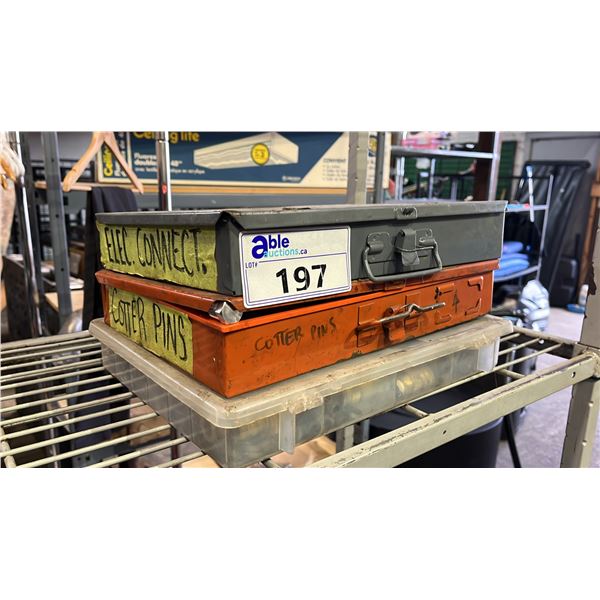 (3) METAL & PLASTIC BOXES OF ELECTRICAL CONNECTORS, COTTER PINS & MORE
