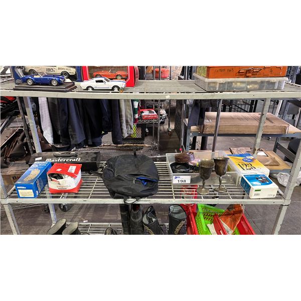 SHELF OF DISC BRAKE PADS, EMPTY MASTERCRAFT TOOL BOX, METAL GOBLET, BELTS & MORE