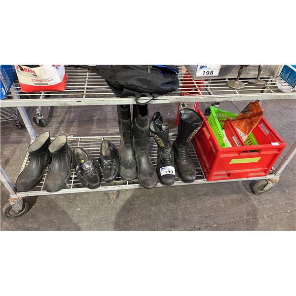 PLASTIC STORAGE BINS & 4 ASSORTED PAIRS OF MEN'S SIZE 12 BOOTS & SHOES