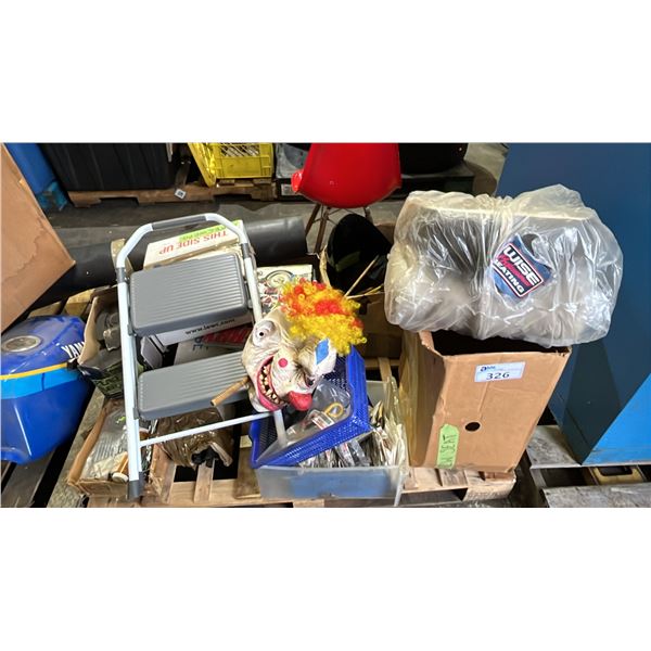 PALLET OF ASSORTED GOODS: STEP LADDER, BOAT SEAT, SEAT COVER, MOTORCYCLE BOOKS & MORE *MUST TAKE ALL