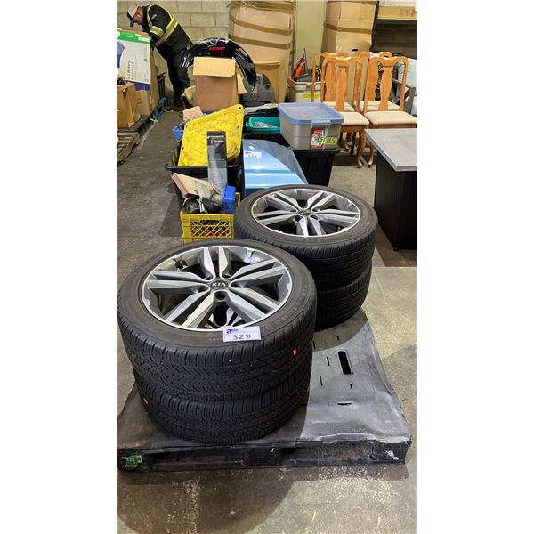 SET OF 4 ALUMINUM RIMMED KIA TIRES: FIRESTONE ALL SEASON 235/45R18 94H M+S