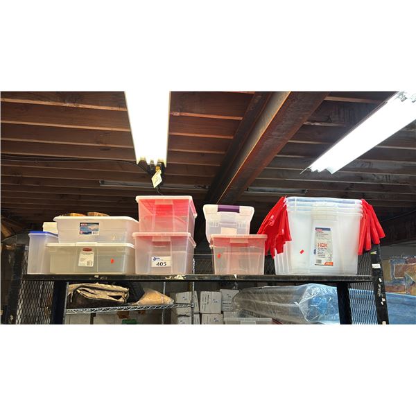 SHELF OF ASSORTED PLASTIC TOTES WITH LIDS