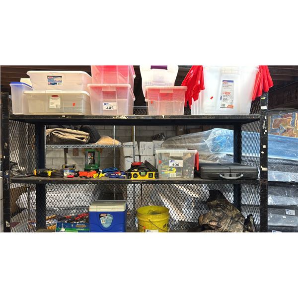 SHELF OF ASSORTED HAND TOOLS - JOBMATE RACHET SET, HAMMERS, SCREWDRIVERS, MEASURING TAPE & MORE