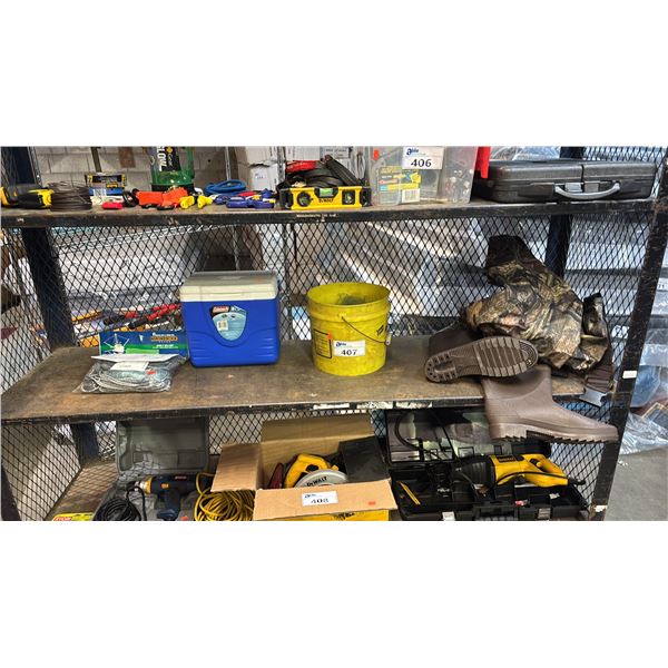 BUSHLITE CHEST WADERS, BUCKET WITH FISHING NET, COLEMAN COOLER & SMELT NET