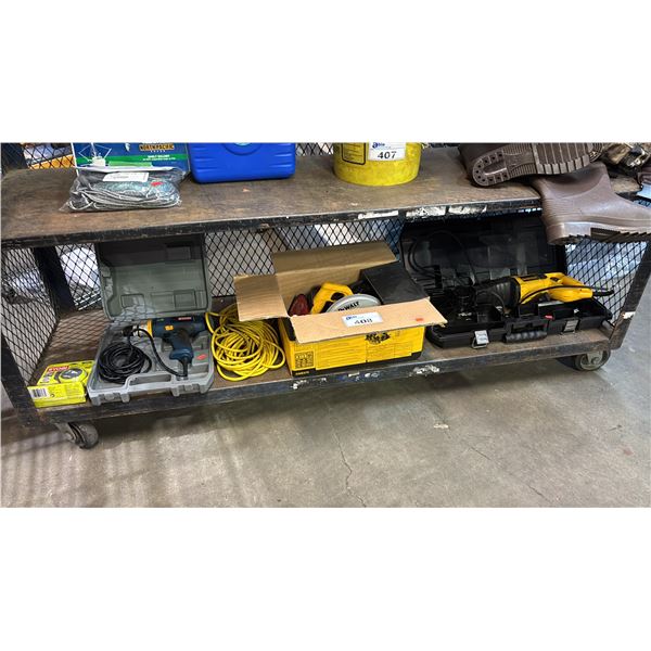 SHELF OF ASSORTED DEWALT & RYOBI TOOLS: RECIPROCATING SAW, CIRCULAR SAW, DRILL & MORE