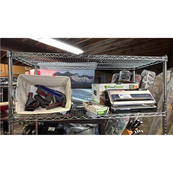 FOOD SAVER WITH BAGS, 2 FABRIC LINED WIRE BASKETS & DYSON VACUUM PARTS