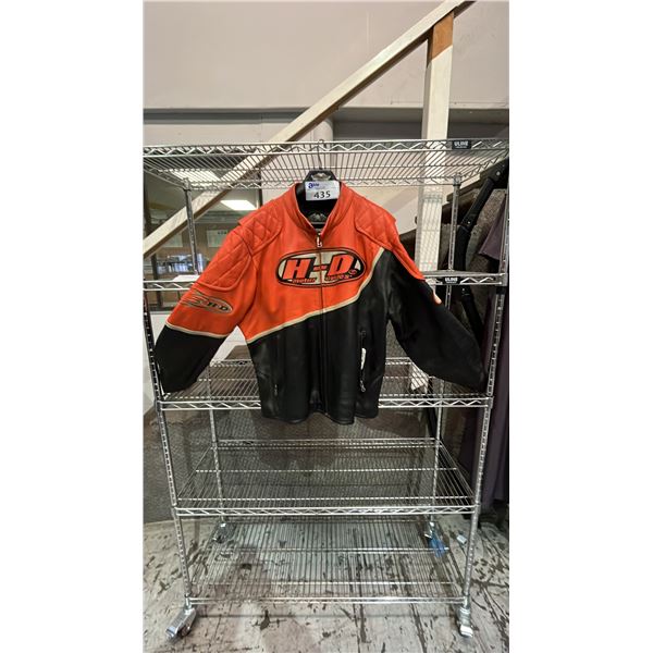 HARLEY DAVIDSON RACING ORANGE & BLACK LEATHER JACKET - SIZE UNKNOWN
