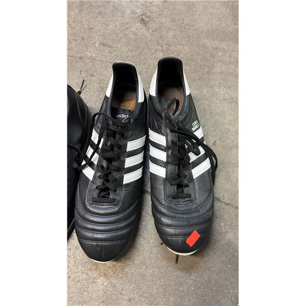 ADIDAS SIZE 13 CLEATS, SIZE 12 LEATHER OXFORD SHOES & TOTE OF ASSORTED FOOTWEAR