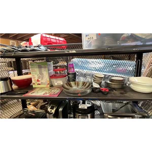 SHELF OF KITCHEN ITEMS: MAGIC BULLET, PLASTIC CONTAINERS, DISHWARE & MORE