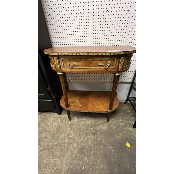 VINTAGE WOOD HALF MOON TABLE WITH 1 DRAWER - 36.25"T X 34"W X 17.5"D *NICK IN TOP BACK OF TABLE*