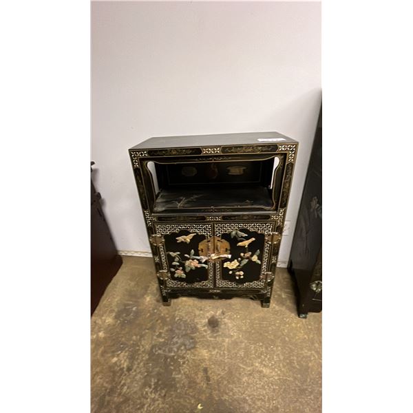 ASIAN STYLE PAINTED WOOD STORAGE CABINET WITH DISPLAY SHELF - APPROX. 37"T X 25"W X 12"D