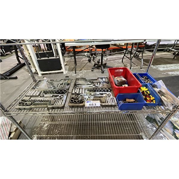 SHELF OF ASSORTED ITEMS INCLUDING; SOCKET SETS, ELECTRICAL TWIST CAPS, HARDWARE & MORE