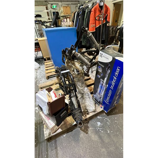 PALLET OF ASSORTED ITEMS INCLUDING; MOTORCYCLE PARTS, VACUUM, BIT ORGANIZERS WITH CONTENTS & MORE