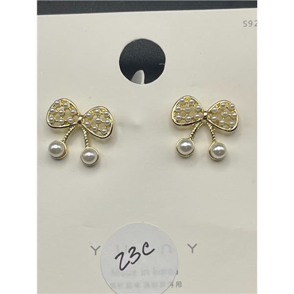 Sterling Silver and Pearl Like Bow Style Earrings