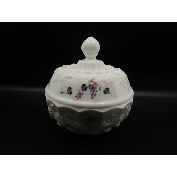 Vintage Fenton "Forget me Nots" Hand Painted and Signed Covered Dish (2 Pieces)