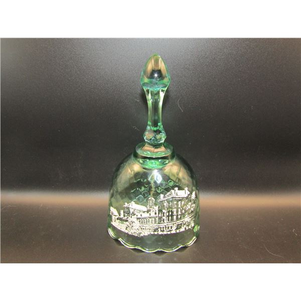 Vintage Fenton Hand Painted and Signed Green Bell. Queen City Station Build 1871, Cumberland Lions 1