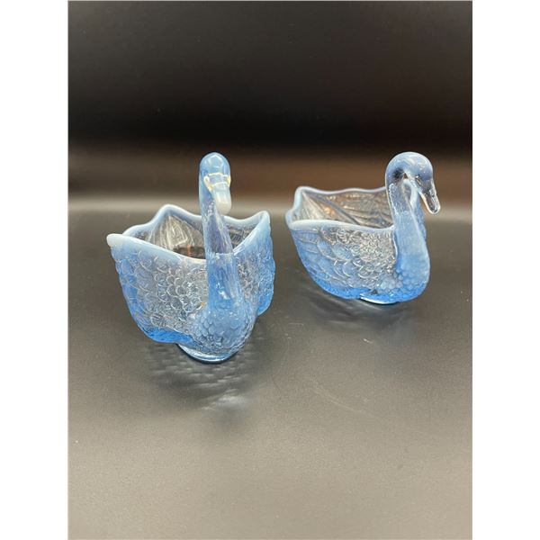 Vintage Fenton Blue Opalescent Glass Swan Trinket Candy Dishes Lot of 2 Approx. 4 Inches Tall