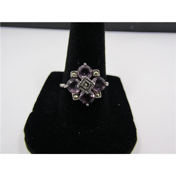 Size 8 Sterling Silver and Gemstone Flower Shaped Ring