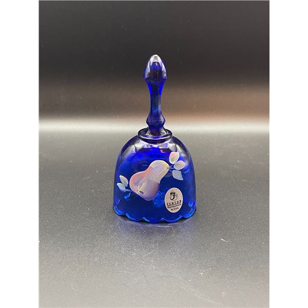 Vintage Fenton Hand Painted and Signed Cobalt Blue Glass Bell, Pears 4.5"