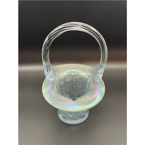 Vintage Fenton Light Blue Frosted Glass Butterflies and Berries Basket 7.5"