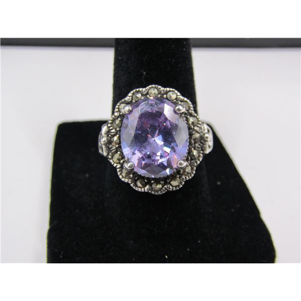 Size 7.75 Sterling Silver Amethyst and Marcasite Scalloped Ring, Lab Created Gems.